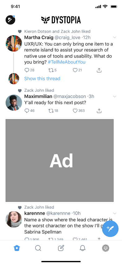 Mockup of an in-feed ad on the DYSTOPIA timeline